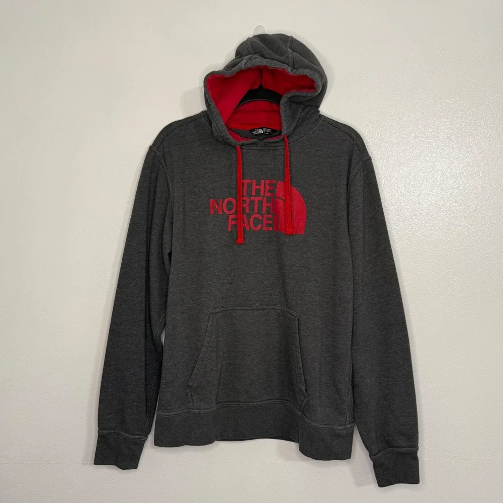 The North Face Hoodie Mens Medium Gray Red Logo Pullover Sweatshirt Excellent